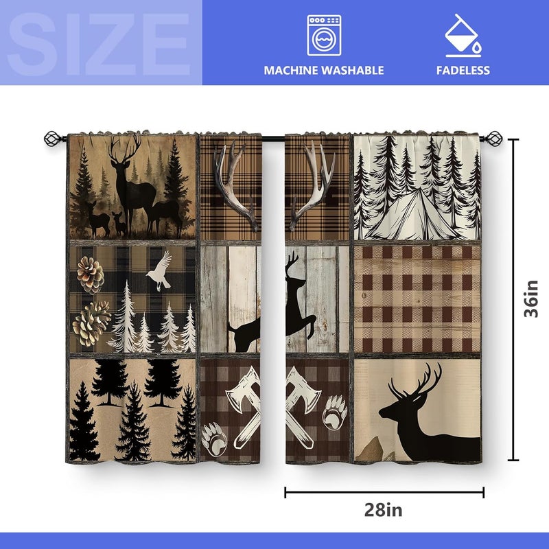 Aimego Deer Forest Kitchen Curtains - Vintage Small Short Cafe Tier Curtains Farmhouse Rustic Decor for Living Dining Room Rod Pocket Window Drapes 36 Inch Length 2 Panels Set 28"x36" - Image 3
